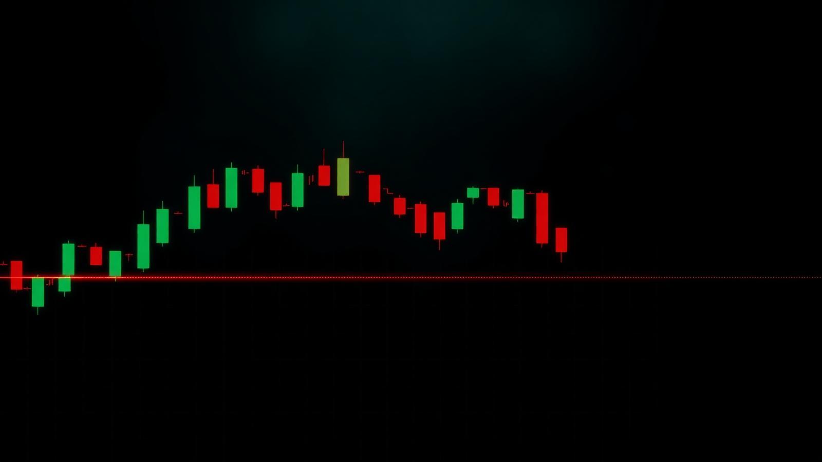 Dark fintech crypto candlestick chart with a glowing red horizontal stop-loss line beneath the price action.