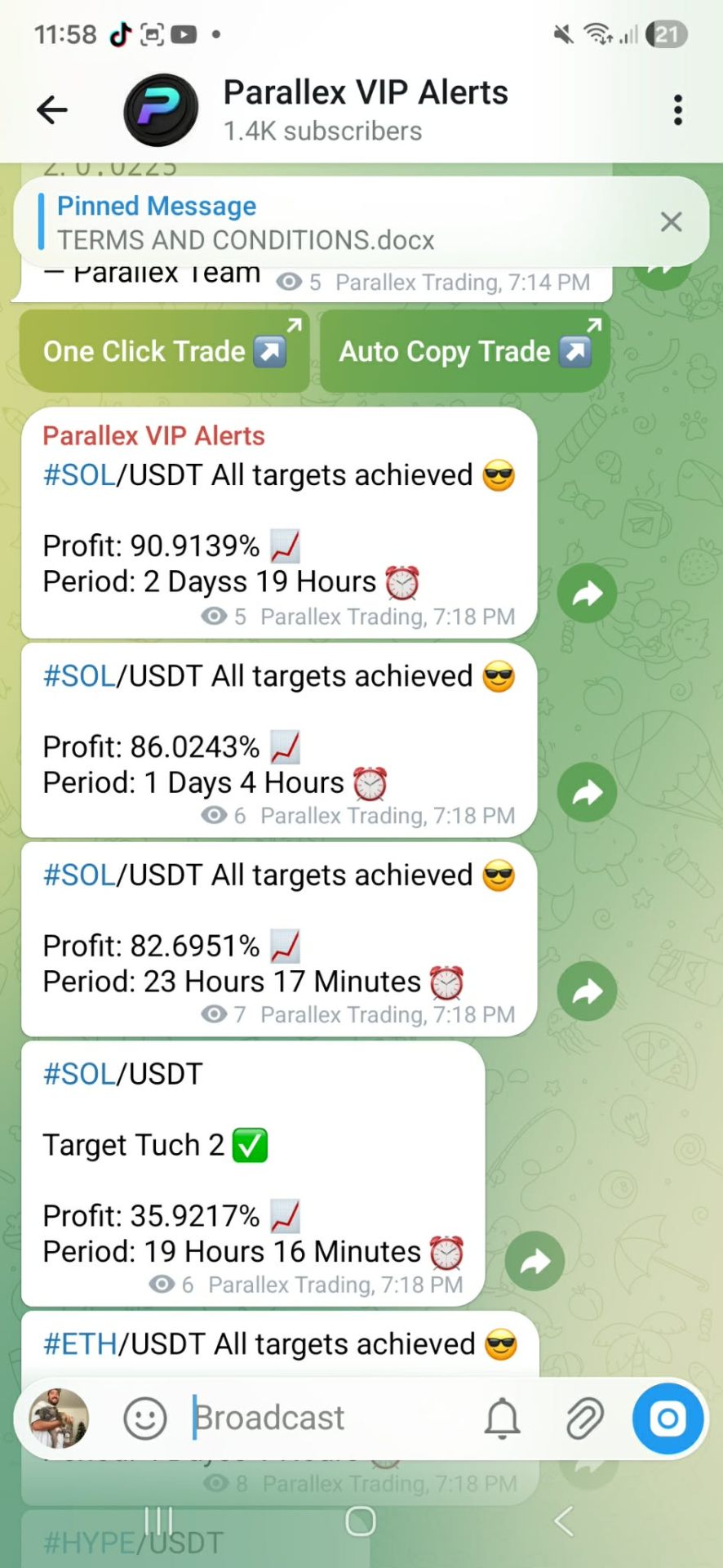 Parallex community trade setup inside Telegram